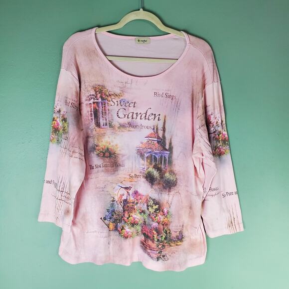 Cactus Womens Pink Sweet Garden Long Sleeve Tee Size 1X - Picture 1 of 5
